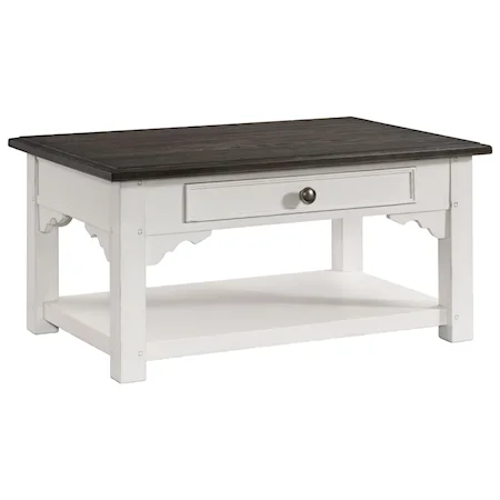 Cottage Cocktail Table with Drawer, Open Shelf, and Removable Casters